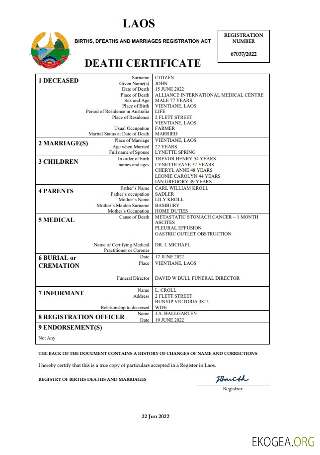 Modèle Word et PDF de certificat de décès de l'état civil du Laos